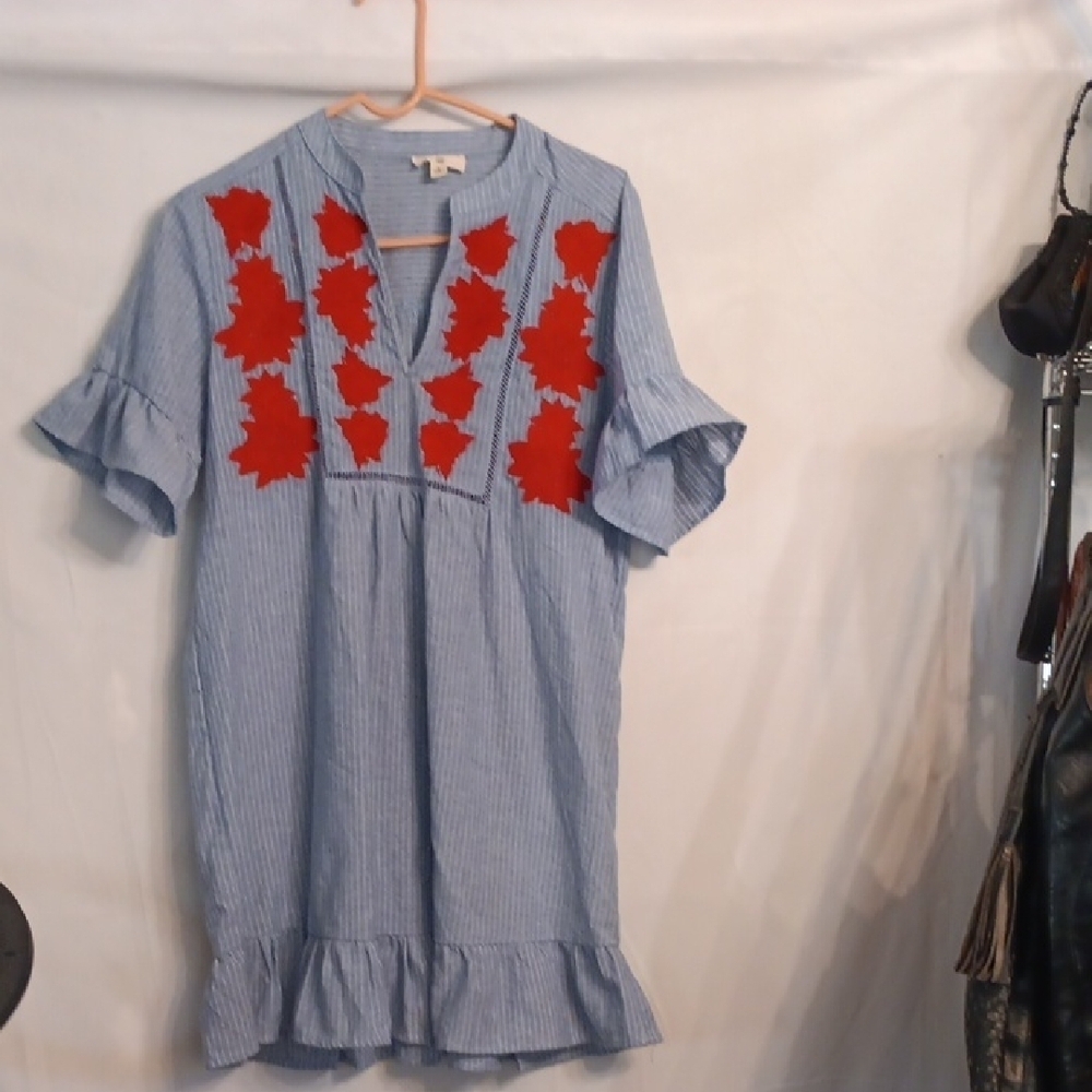 Entro Striped Blue Top with Red Floral Detail